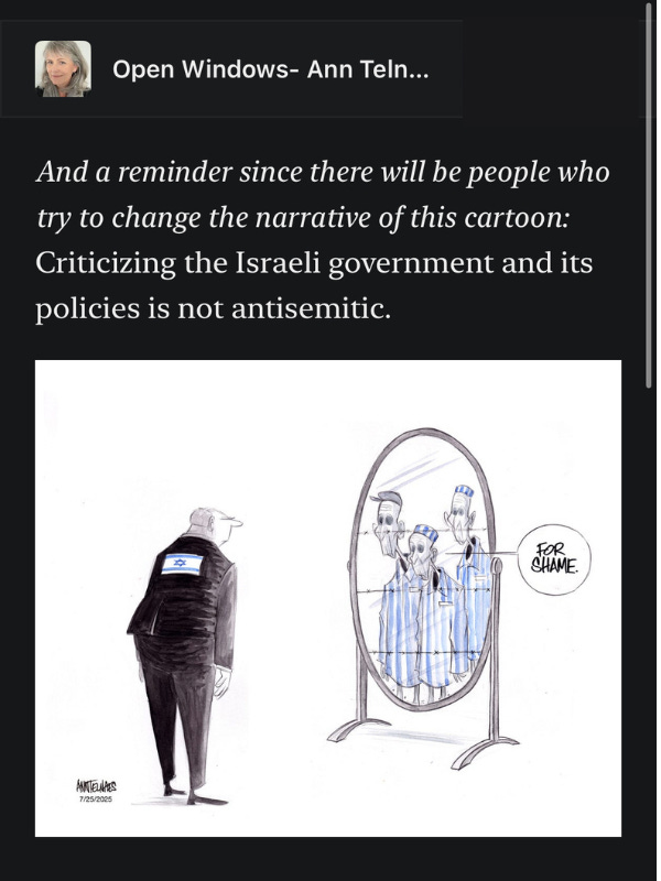 A man with generic figures in a suit looks into a mirror and sees three Holocaust victims in striped concentration camp uniform staring back with a sign that reads For Shame. The Israeli flag is stamped on the man’s back.