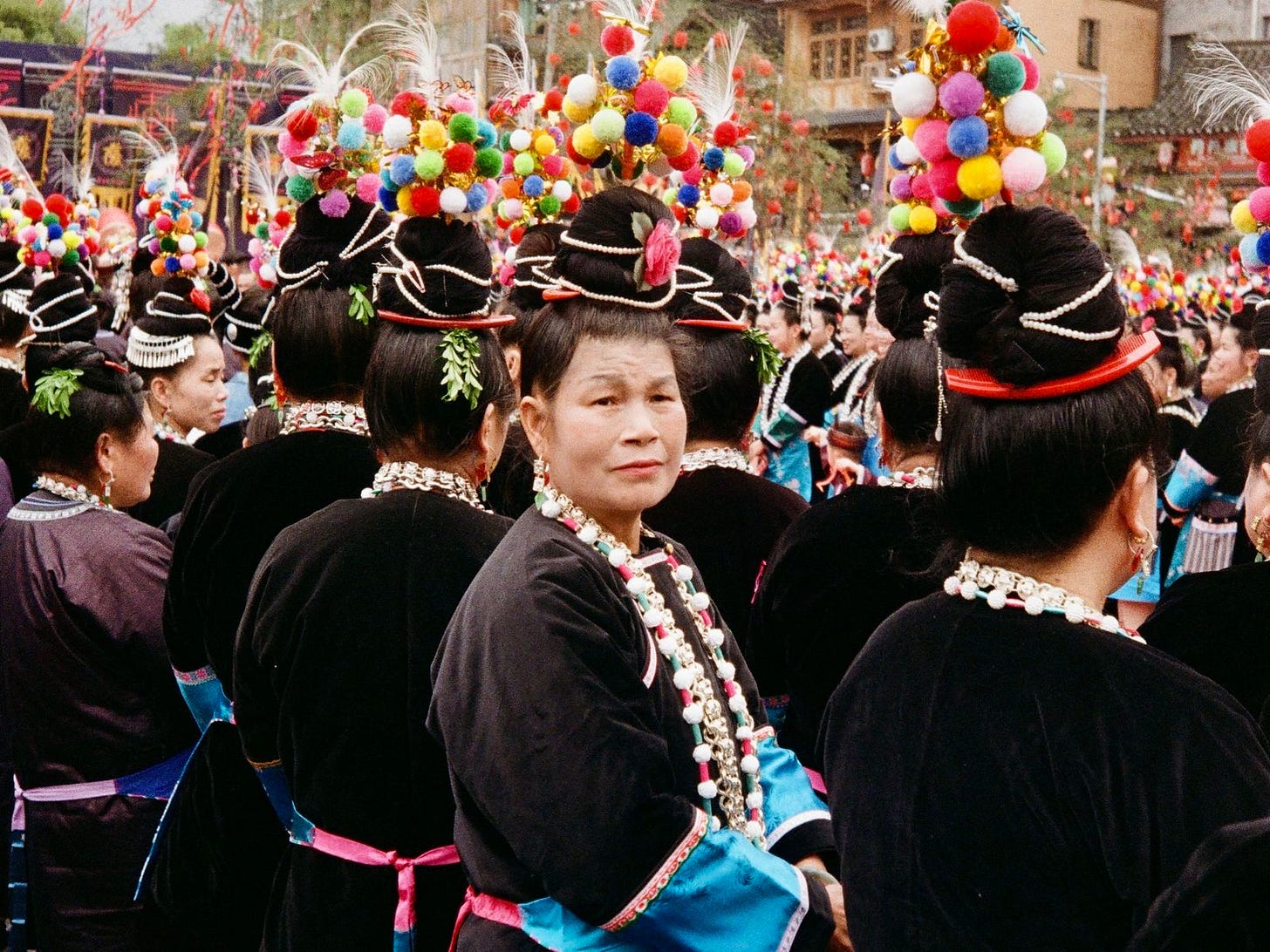Female Dong ethnic minority villagers gather for Sama festival