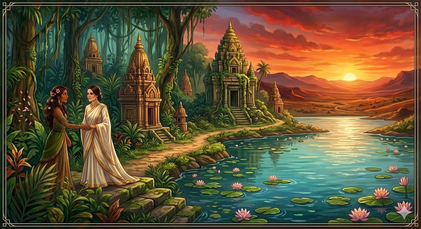 A vibrant, painterly illustration of Malini and Priya from Tasha Suri's The Lotus Empire meeting at the edge of a lush tropical lake. On the left, Priya stands in a green gown with intricate vine-like patterns and pink flowers in her dark, wavy hair. She holds the hand of Malini, who is dressed in an elegant, flowing white sari with gold trim. They are standing on ancient stone steps leading into a dense, green jungle filled with vines and tropical foliage. In the center, a large, ornate Hindu-style pagoda with a tiered spire is partially covered in greenery. The background shows a calm lake filled with pink lotuses, reflecting a dramatic sunset of deep orange and red clouds over a distant, verdant horizon.