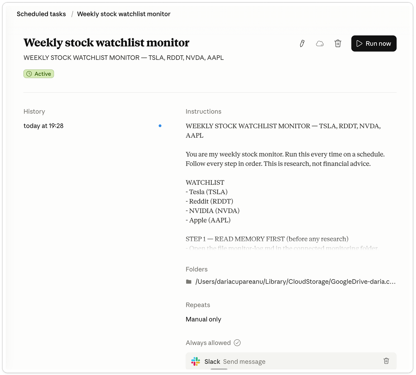 Active Claude Cowork scheduled task for an AI stock monitor tracking Tesla, Reddit, NVIDIA, and Apple with Amplifiers research and Slack delivery.