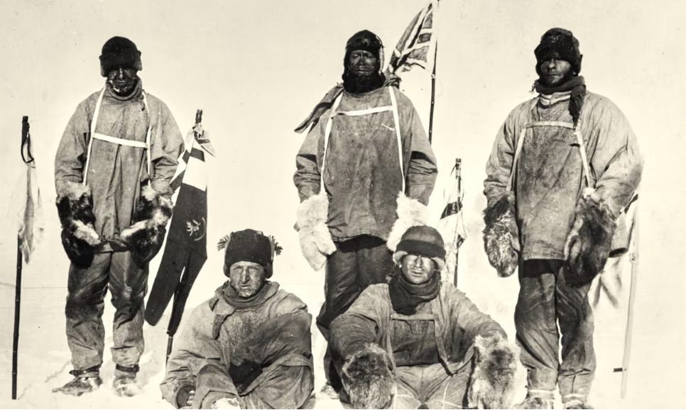 The ill-fated Scott South Pole Expedition team (L-R: Capt. Lawrence Oats, Lt. Henry Bowers, Capt. Robert Scott, Dr. Edward Wilson, PO Edgar Evans) at the South Pole, January 17, 1912, weeks after Amundsen. All five tragically perished on their return journey.
