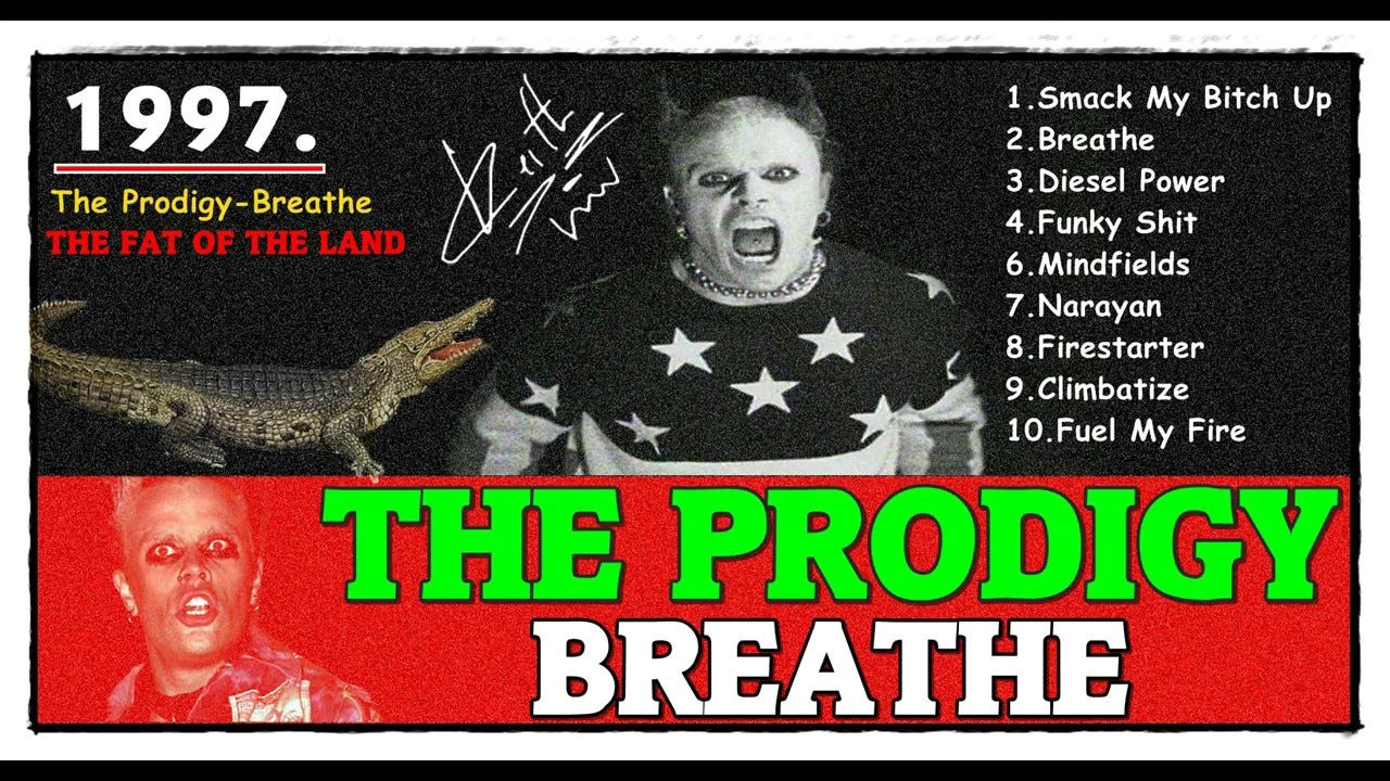 1997 poster: Person in star-patterned shirt shouting, crocodile image, album title "The Fat of the Land," song list, bold text "THE PRODIGY BREATHE."