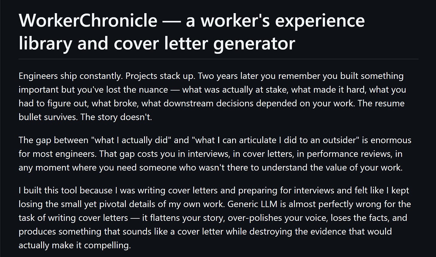 WorkerChronicle project overview describing its worker's experience library and cover-letter generator