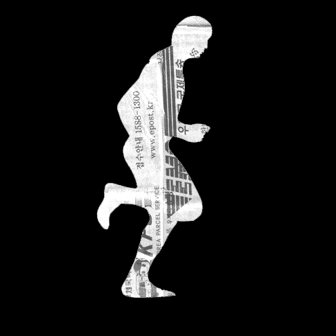 This may contain: the silhouette of a running man is shown in black and white, with newspaper clippings