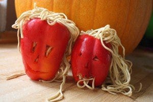 Halloween noodle brain peppers