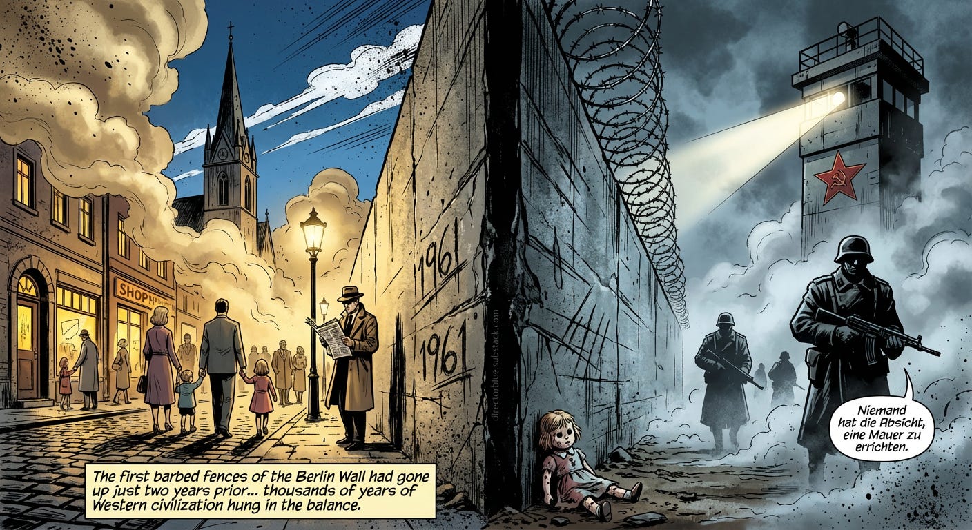  Image PromptFrank Miller graphic novel style full color heavy ink work with extreme contrast A towering concrete wall slashes vertically through the center of the composition dividing the panel into two starkly different worlds On the left _image_1