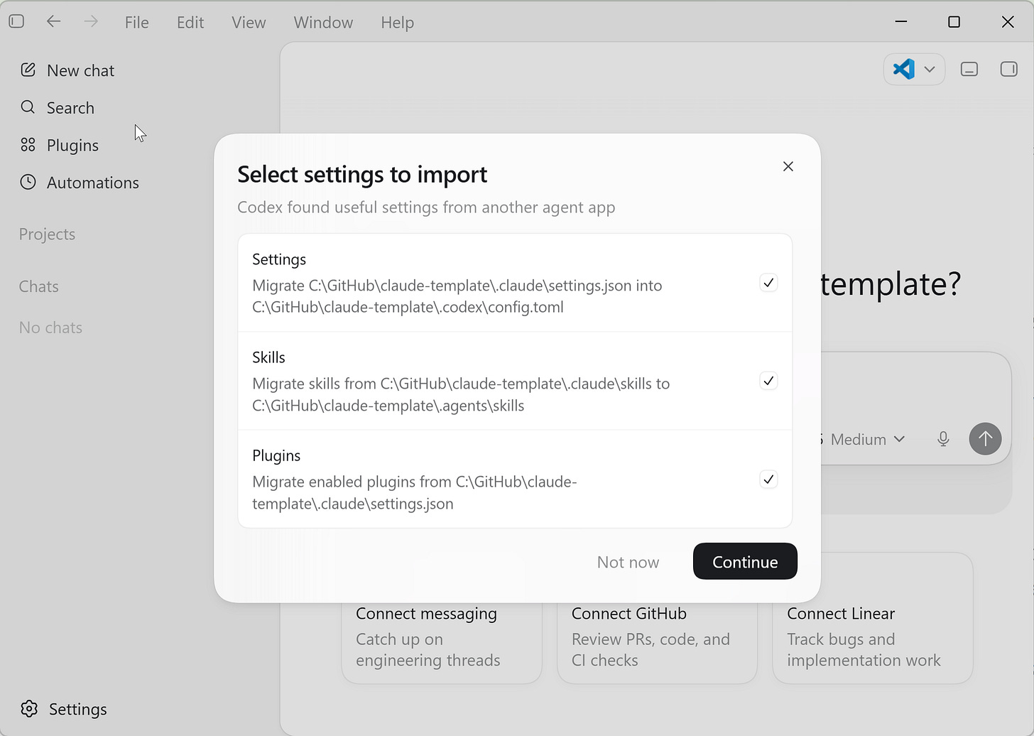 Codex app (desktop) - import settings from Claude