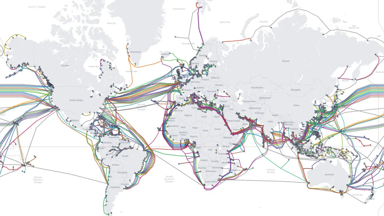 This submarine cable map shows an estimated 1.5 million kilometers of subsea, laid out over vast earnas of the world's oceans. Some cables are relatively short, like the 131-kilometer CeltixConnect cable between Ireland and the U.K, while others strach over 20,000-kilometer like the Asia America Gateway cable. This submarine cable map shows an estimated 1.5 million kilometers of subsea, laid out over vast earnas of the world's oceans. Some cables are relatively short, like the 131-kilometer CeltixConnect cable between Ireland and the U.K, while others strach over 20,000-kilometer like the Asia America Gateway cable.