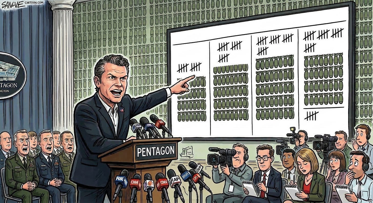 Cartoon image of Defense Secretary Pete Hegseth pointing to fictional charts showing masses of bombs dropped on Iran. 