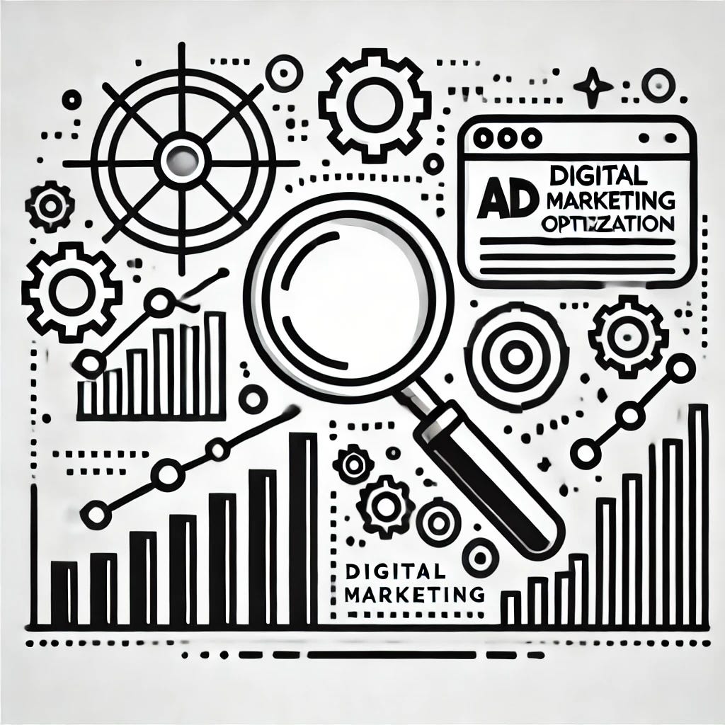 A minimalist black and white digital illustration representing digital marketing, ad optimization, and analytics. The design should feature clean, abstract line-art icons such as a graph, a magnifying glass, and a digital ad symbol. No text, just simple and elegant vector-style artwork.