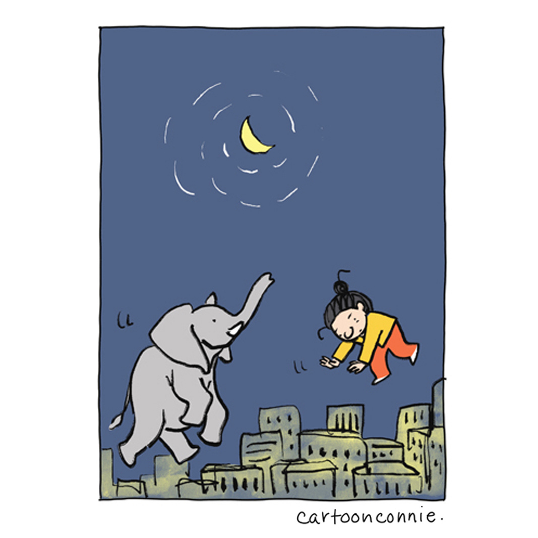 Panel 6 Panel 1 of 7 of a 2-page comic strip about managing worries, illustrating a cartoon girl with a bun talking to an elephant and preparing food. To get through the day, she has to separate her stresses and worries into different buckets. Titled "Different Buckets," original artwork by Connie Sun, cartoonconnie, 2026.