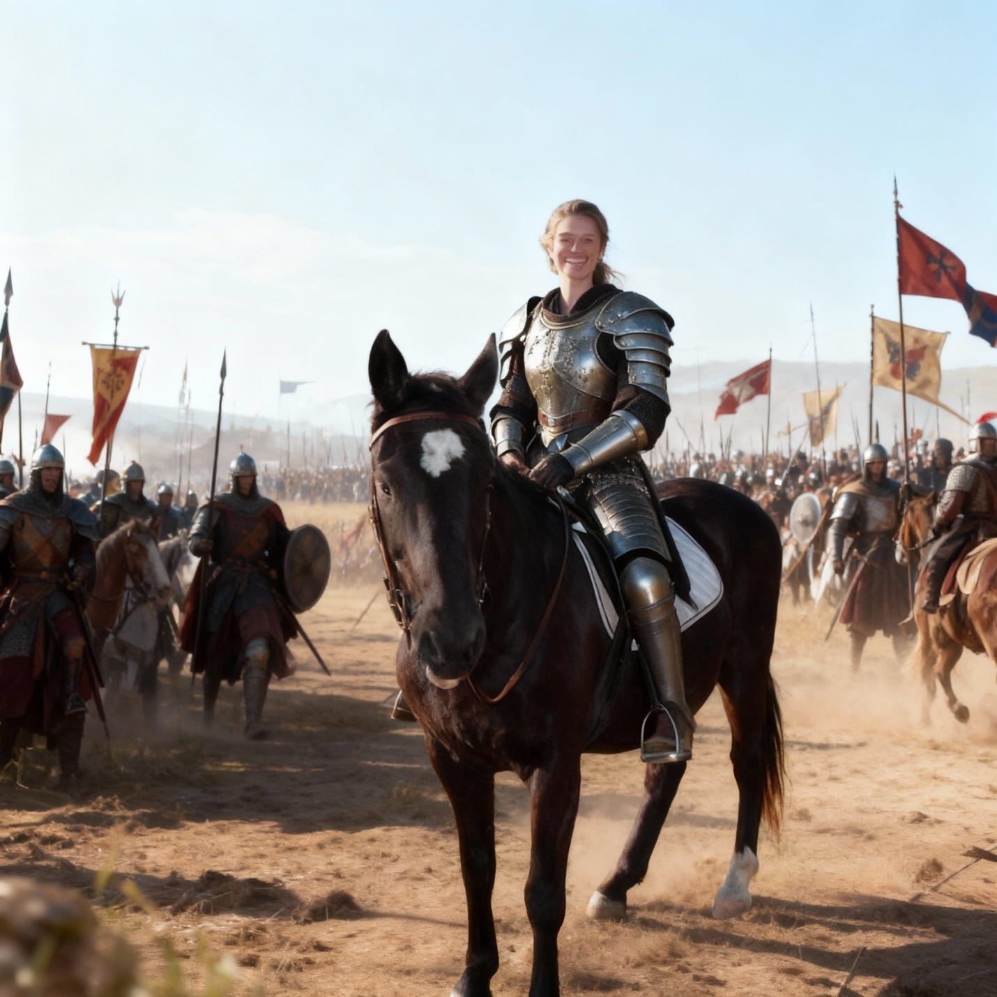 A person in armor riding a horse

AI-generated content may be incorrect.
