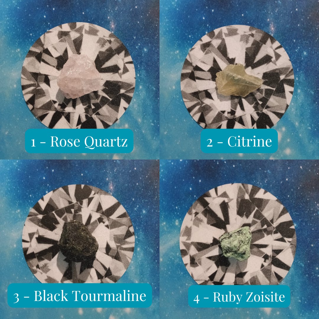 1 - Rose Quartz (pink stone), 2 - Citrine (yellow stone), 3. Black Tourmaline, 4. Ruby Zoisite (green) 1 - Rose Quartz (pink stone), 2 - Citrine (yellow stone), 3. Black Tourmaline, 4. Ruby Zoisite (green)