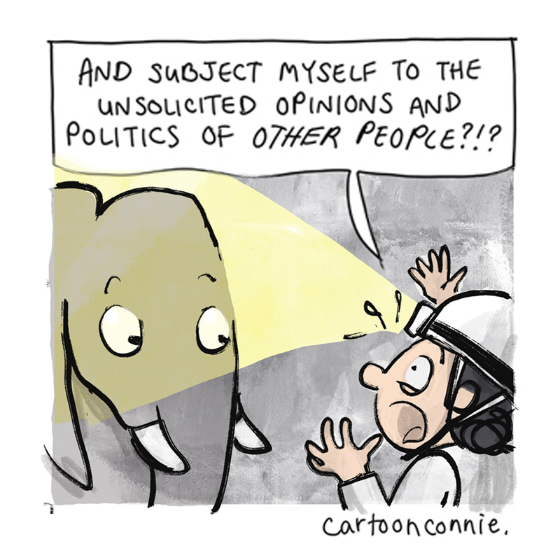 Panel 5 of a 6-panel comic strip about an introvert looking for hope in dark times. Titled "All In An Introvert Day's Work," 2026. Original art by Connie Sun, cartoonconnie.