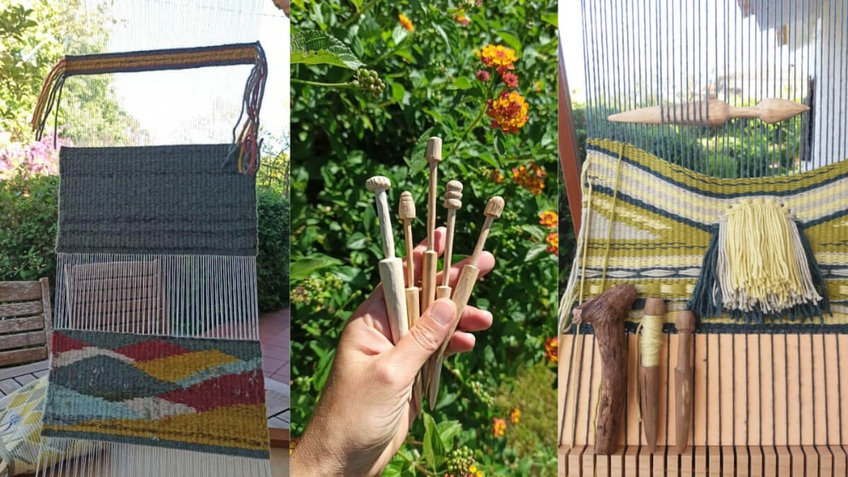 Experiments in weaving and woodcarving.
