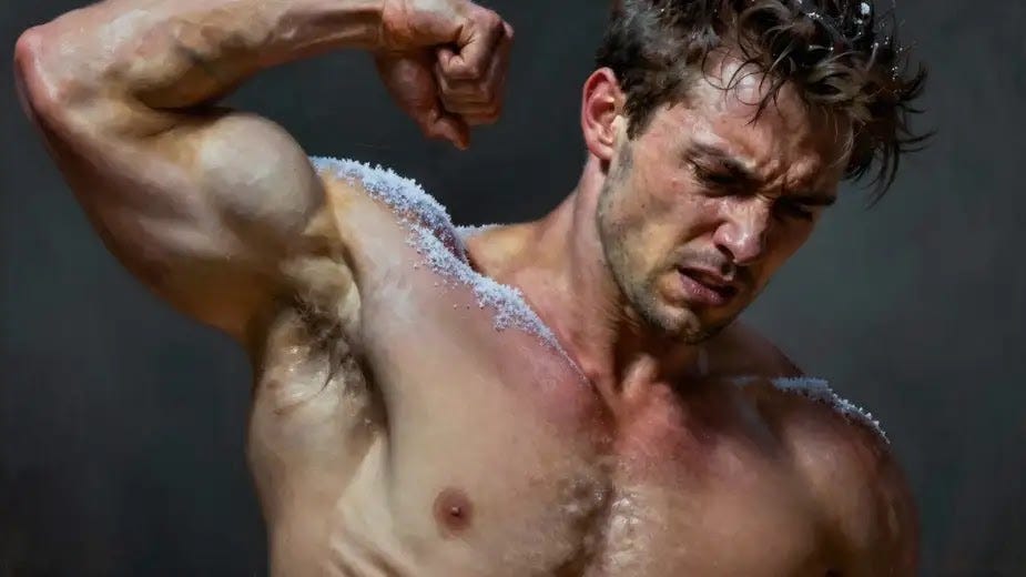 A shirtless man strains under dramatic light, his shoulder encased in jagged ice, veins bulging as he fights to lift his arm. His face contorts in pain and resolve, embodying the brutal struggle of frozen shoulder—hyper-detailed, cinematic, and raw.