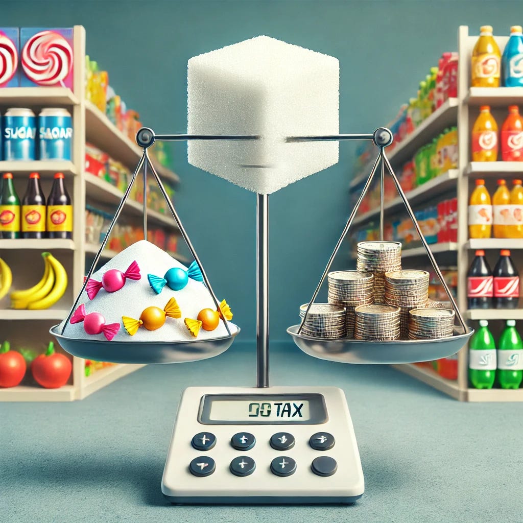 A conceptual illustration of a sugar tax. Depict a sugar cube being weighed on a scale, with a pile of coins on the opposite side, symbolizing taxation. The background should feature a simple grocery store setting, with colorful candy and sugary drinks on shelves, contrasted by healthier food items like fruits and vegetables. The image should evoke the idea of balancing health with economic factors, emphasizing the taxation of sugary products.