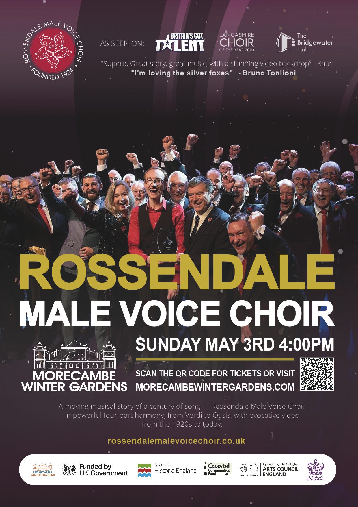 Rossendale Male Voice Choir poster for Morecambe Winter Gardens event. The choir celebrate happily. Text says "a moving musical story of a century of song. Rossendale Male Voice Choir in powerful four part harmony from Verdi to Oasis, with evocative video from the 1920s to today."