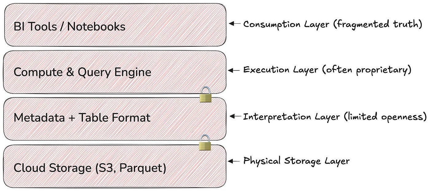 Tightly coupled interpretation layer and physical storage layer in a lakehouse.