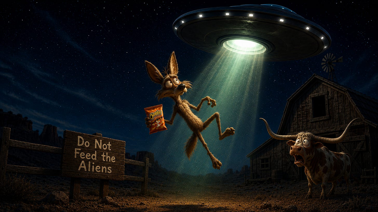 Clyde the coyote taking a trip into space.
