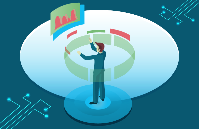 #descrevemospravocê  Ilustração em estilo digital e futurista mostra um homem de terno em pé sobre uma plataforma azul circular. Ele está interagindo com uma interface holográfica em 360 graus, composta por painéis flutuantes em tons de verde e vermelho. Um dos painéis, projetado acima e à frente dele, exibe um gráfico com curvas vermelhas sobre fundo verde. O homem está de costas, com os braços levantados e mãos abertas, como se estivesse manipulando os elementos digitais no ar.  O fundo é azul-escuro, com desenhos de circuitos eletrônicos nas bordas, sugerindo tecnologia e conexão digital. A iluminação clara ao redor da plataforma dá destaque ao personagem e à interface, criando um efeito de realidade aumentada ou ambiente virtual de trabalho.