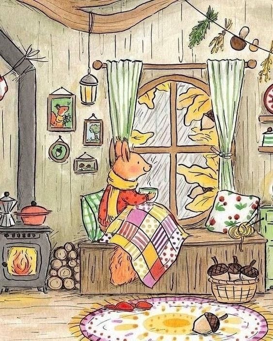 This may contain: a drawing of a cat sitting in front of a window looking out at the outside