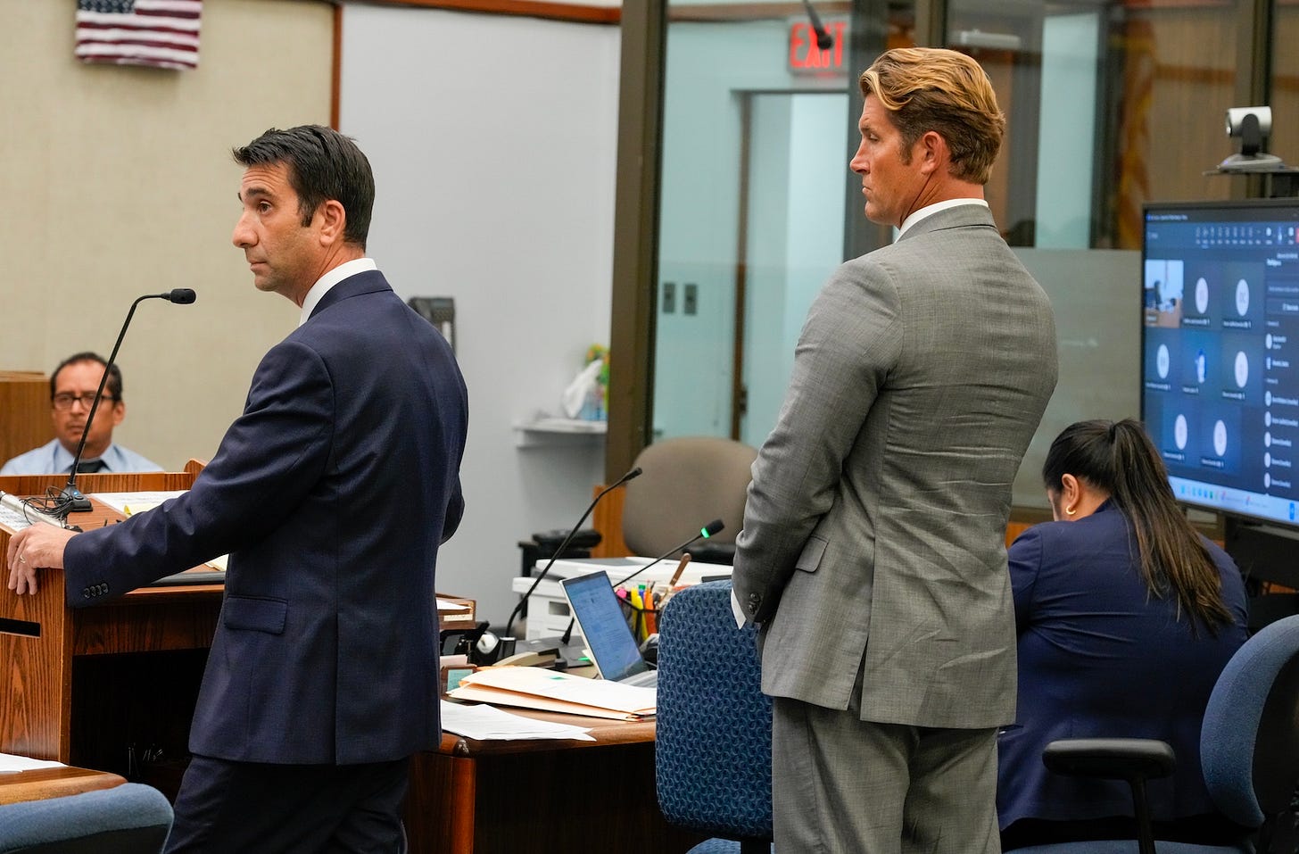 Defense attorney Issac Blumberg, left, and Encinitas City Councilman Luke Shaffer appear in court on Sept. 9 for Shaffer’s arraignment over a felony assault charge. Courtesy San Diego Union-Tribune Defense attorney Issac Blumberg, left, and Encinitas City Councilman Luke Shaffer appear in court on Sept. 9 for Shaffer’s arraignment over a felony assault charge. Courtesy San Diego Union-Tribune
