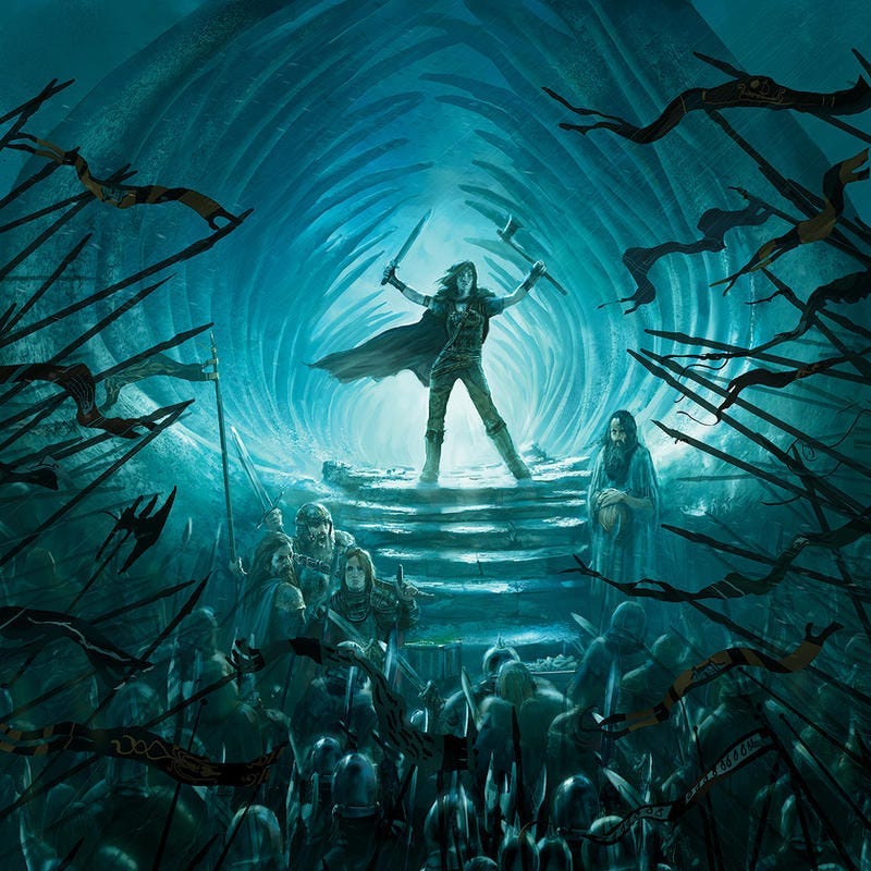 Warrior with two swords stands on icy steps, surrounded by soldiers in a cavern. Blue hues create a mystical, tense atmosphere. Warrior with two swords stands on icy steps, surrounded by soldiers in a cavern. Blue hues create a mystical, tense atmosphere.