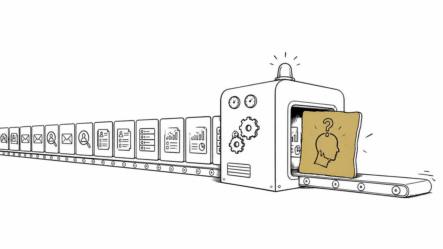 Recruiting task queue vanishes through automation while one difficult decision remains stuck. Recruiting task queue vanishes through automation while one difficult decision remains stuck.