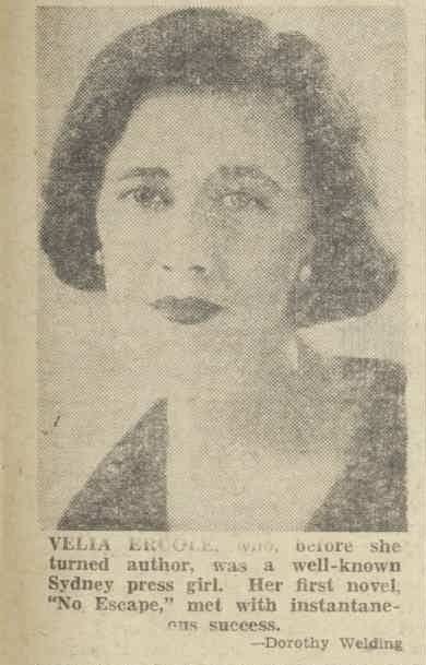 A black and white newspaper clipping featuring a photograph of the head and bust of a person. The person is looking directly at the camera with a neutral face. They have dark hair that goes to just below their ears and dark lipstick.