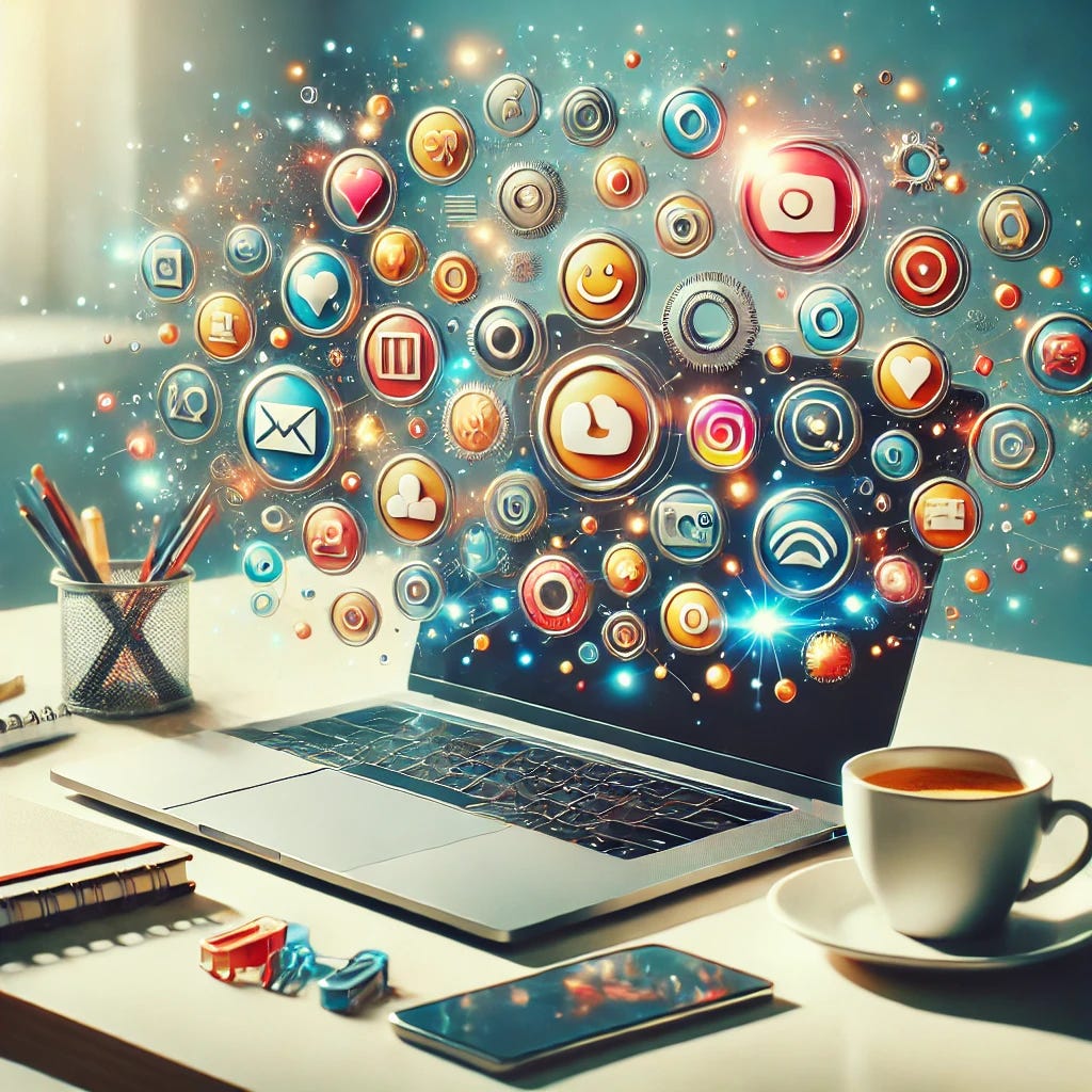 A visually engaging image showing a laptop on a modern desk with creative elements like icons of AI tools (e.g., chat bubbles, image icons, video icons) floating around it. The scene has a clean, minimalistic style with vibrant, inviting colors. The focus is on the versatility of AI tools, with a notebook and coffee cup beside the laptop, symbolizing exploration and learning. The background subtly suggests a workspace or creative environment.