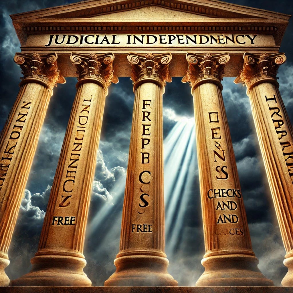 A symbolic image showing the pillars of American democracy, with inscriptions like "Judicial Independence," "Free Press," "Checks and Balances," and "Transparency" on them. The pillars are weathered but standing, representing the resilience and challenges of democratic principles. In the background, dark storm clouds are gathering, symbolizing threats to democracy, while rays of light breaking through represent hope and resilience. The scene should evoke strength and vigilance, showing the enduring values of democracy amid ongoing challenges.