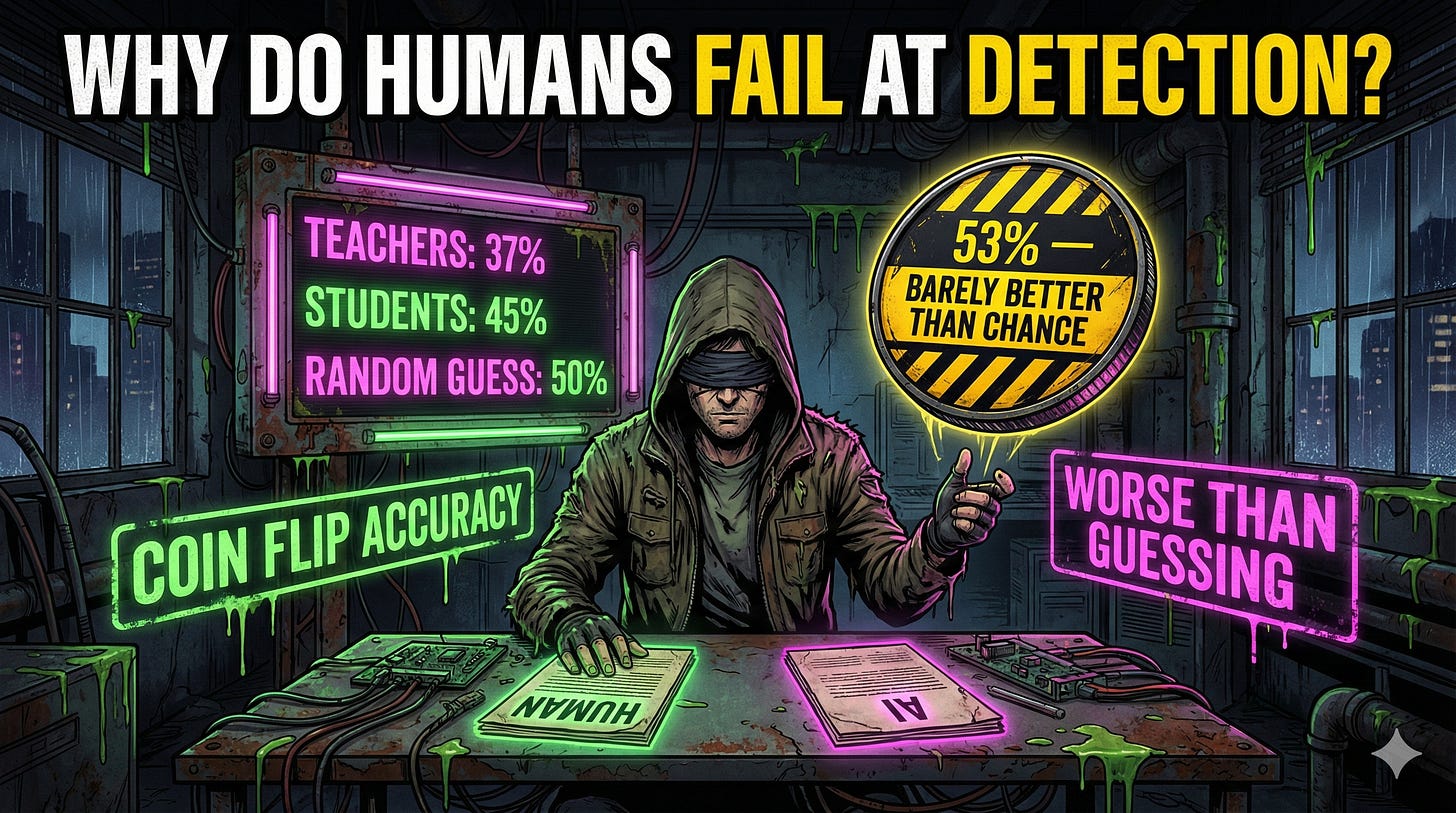 Humans detect AI-generated text at 50% accuracy, equivalent to random chance, across multiple peer-reviewed studies