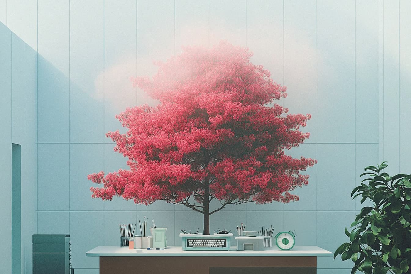 An office with a typewriter, and a bright red tree with light shining from above