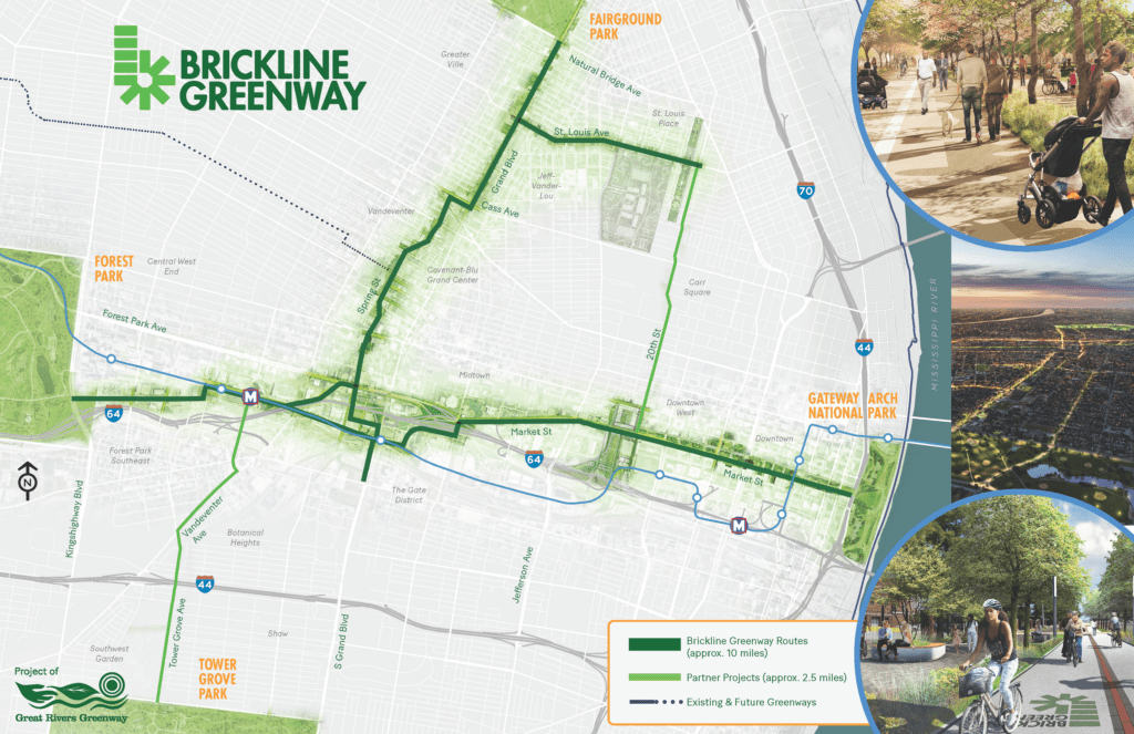 A screenshot from the Brickline Greenway website showcasing its greenway plans within the City of St. Louis. There are relatively few routes presented. A screenshot from the Brickline Greenway website showcasing its greenway plans within the City of St. Louis. There are relatively few routes presented.