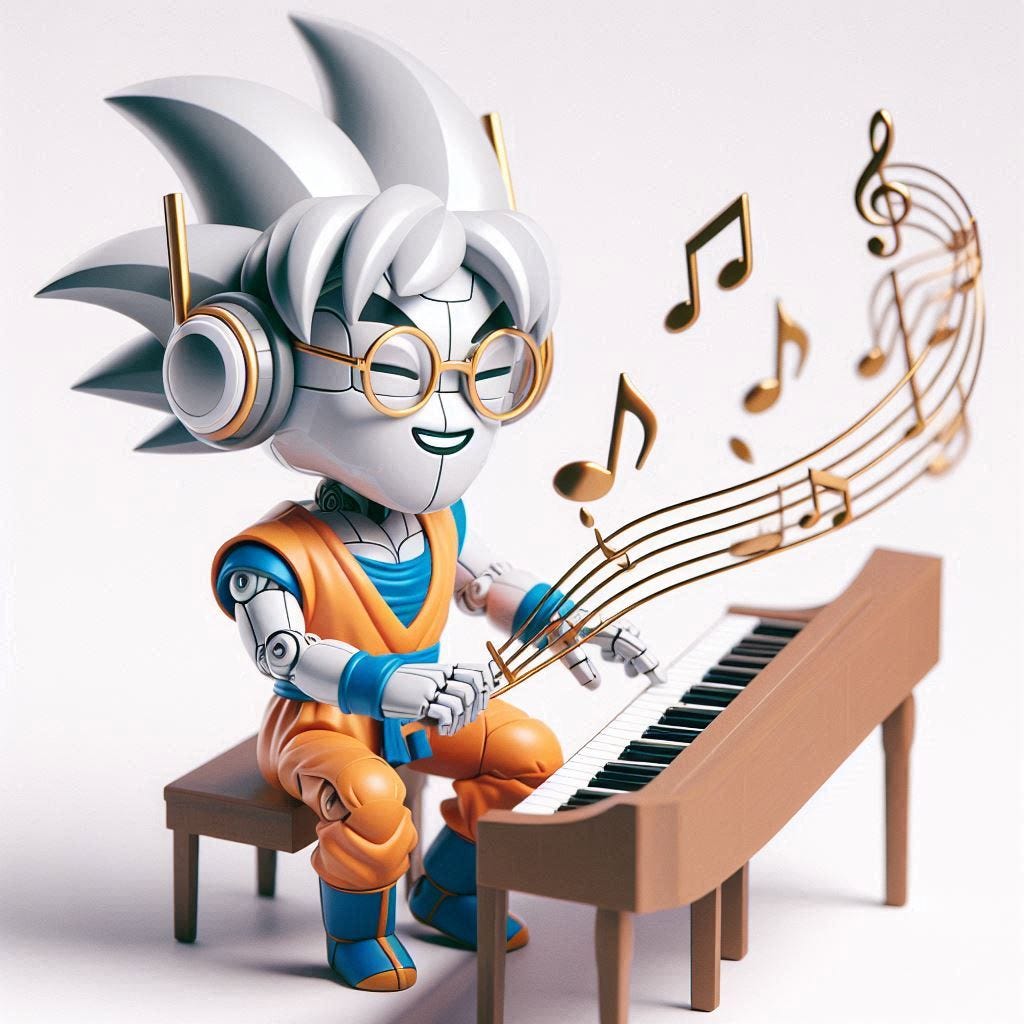 robot Goku on a white background, 3D style, tuning a piano string, wearing glasses, and having a small goatee style beard on his chin with musical notes around, contento y feliz
