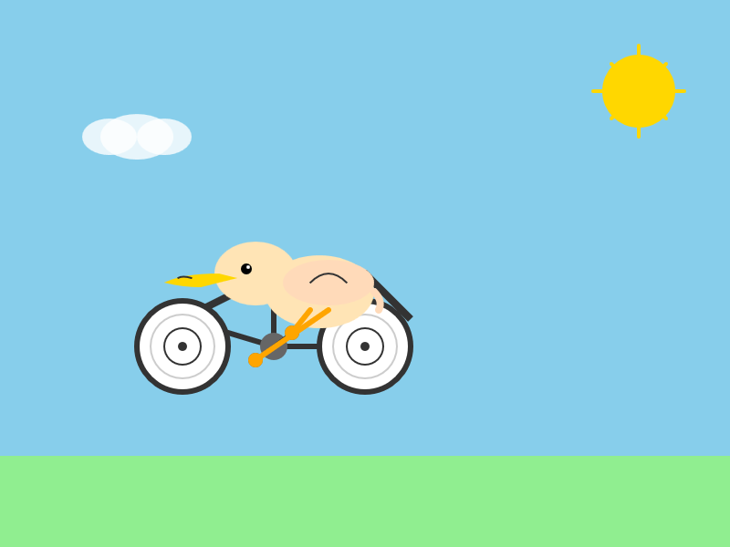 The bicycle is levitating against a blue sky. The pelican looks a little bit more like a baby chicken but does at least have a long beak. The bicycle is levitating against a blue sky. The pelican looks a little bit more like a baby chicken but does at least have a long beak.