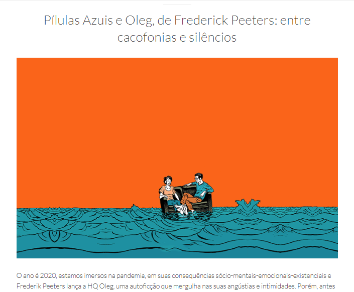 Captura de tela do site Valkirias, do texto "Pílulas Azuis e Oleg, de Frederick Peeters: entre cacofonias e silêncios". A imagem da capa do livro "Pílulas Azuis" está em destaque e é uma ilustração de um casal de homem e mulher sentado em um sofá, boiando pelo mar azul. O fundo é laranja.