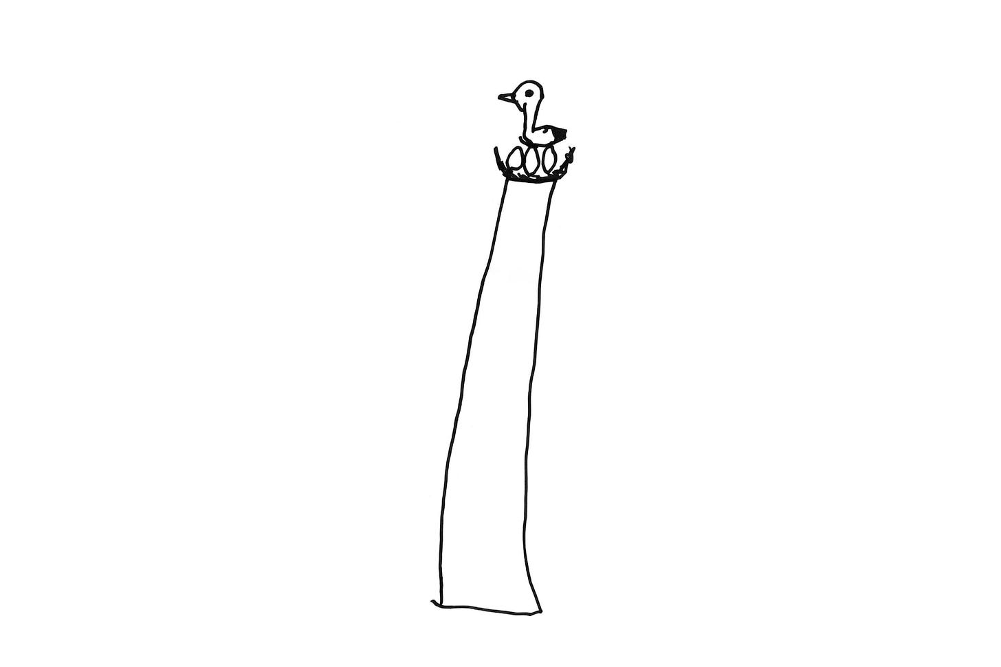 a child's line drawing of a small bird with three eggs perched atop a tall tower