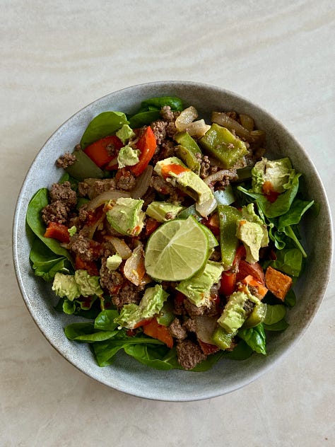Fresh greens taco salad, Gluten-free mini beef sliders with a simple kale salad, grilled chicken & arugula pesto pasta