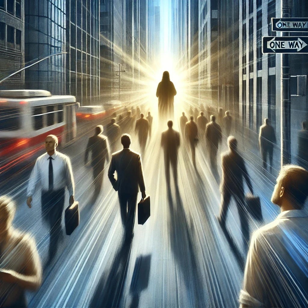 A symbolic depiction of a person walking through a busy city street, surrounded by blurred figures rushing in different directions. The individual appears contemplative, looking upwards toward a faint, radiant figure of Christ in the distance, now depicted from behind, avoiding facial details. Christ is illuminated by a soft, divine light, wearing traditional robes, standing as a serene presence amidst the chaotic modern world. The image conveys a sense of routine and distraction, with elements such as mobile phones, briefcases, and neon signs symbolizing modern busyness. The contrast between the noise of the world and the serene presence of Christ highlights the struggle to perceive the divine amidst routine.