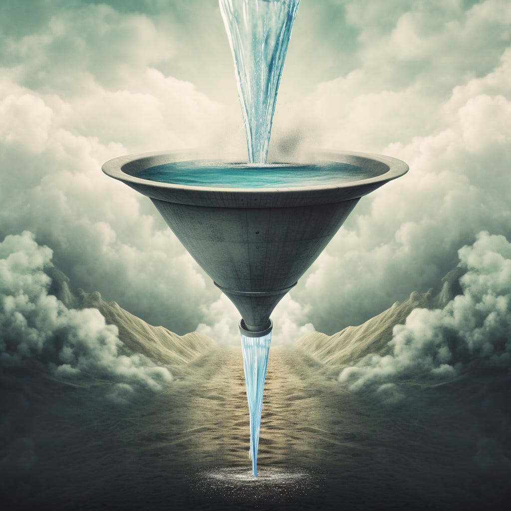 A giant funnel, full of water, pointless dumping water onto the groun