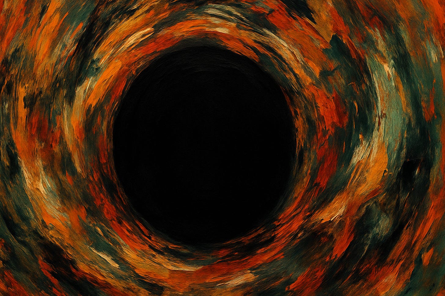 An expressionist whirl of fiery orange, red, and deep green paint spirals into a smooth black circle at the center, evoking the image of a hole or void consuming everything around it.