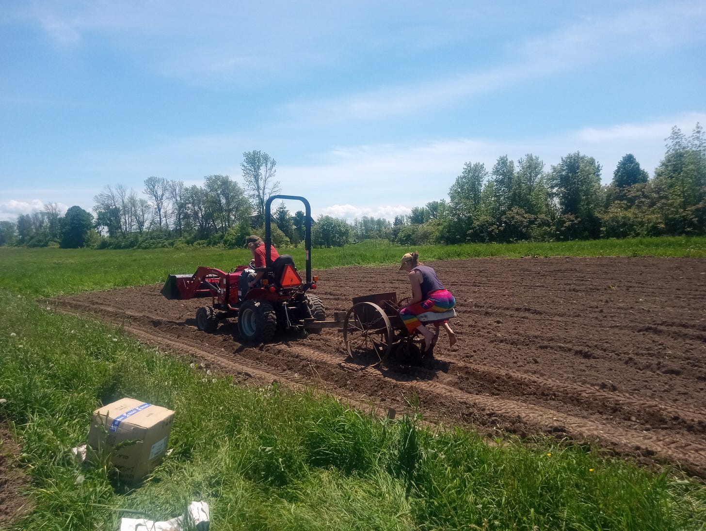 Two people planting crops in a freshly tilled field, one operating a red tractor with seeding equipment while another follows behind with a hand tool.