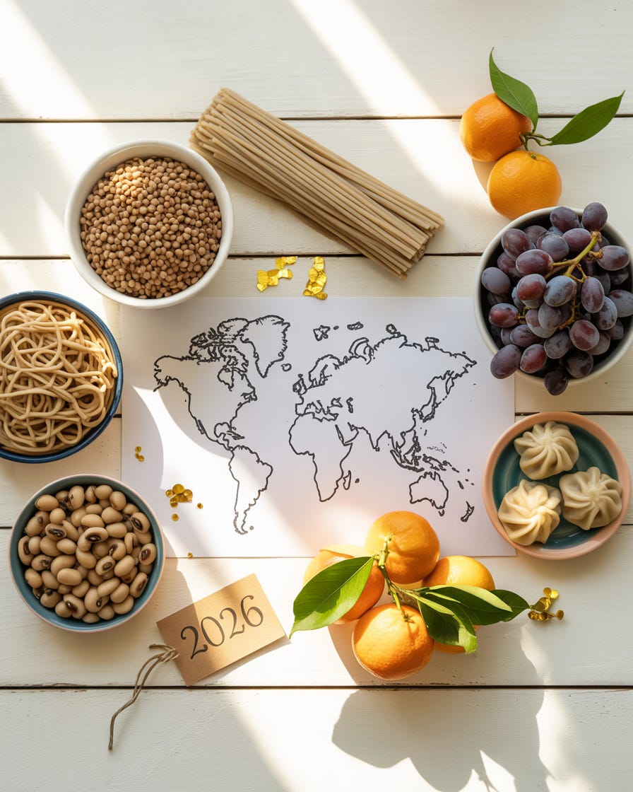 a map of the world surrounded by bowls with food from a variety of countries