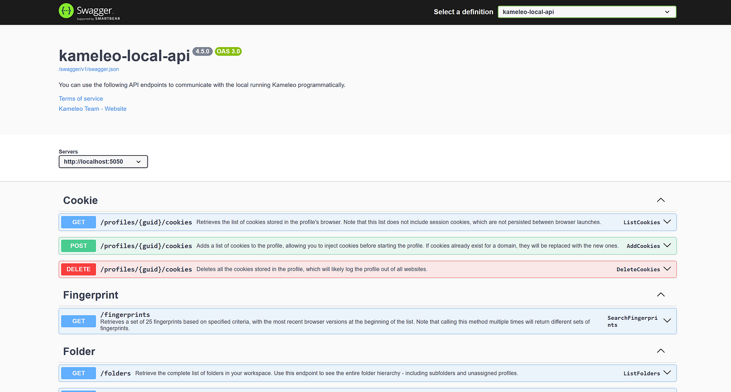 The Swagger UI for the Kameleo Local API at “http://localhost:5050/swagger”