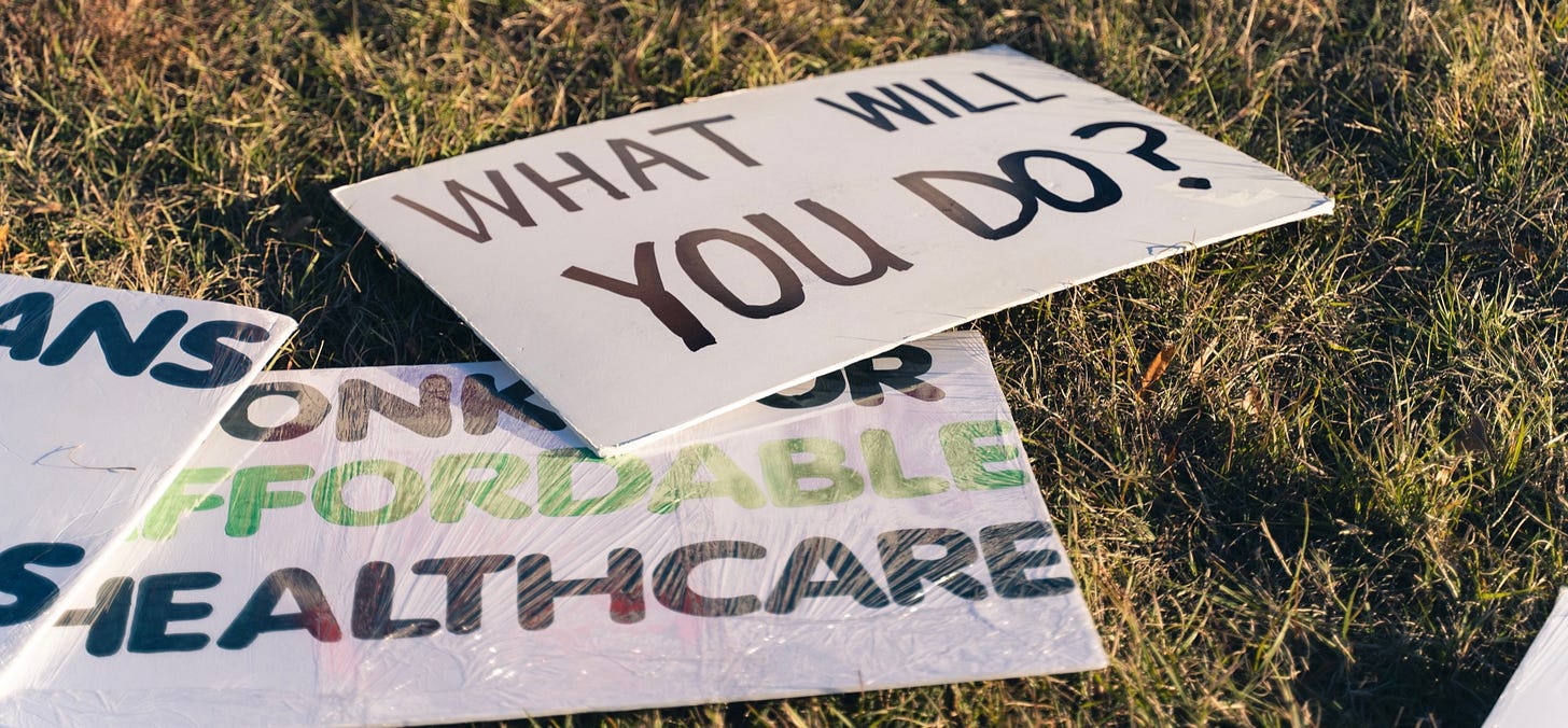 Handmade protest signs lying on dry grass in bright sunlight, with one large sign reading “WHAT WILL YOU DO?” and another partially visible sign that says “HONK FOR AFFORDABLE HEALTHCARE.” Handmade protest signs lying on dry grass in bright sunlight, with one large sign reading “WHAT WILL YOU DO?” and another partially visible sign that says “HONK FOR AFFORDABLE HEALTHCARE.”