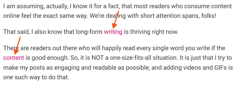 Substack article text highlighting the words “writing” and “content” to show how formatting can improve blog post readability. Substack article text highlighting the words “writing” and “content” to show how formatting can improve blog post readability.