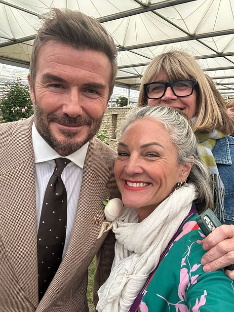 Makeup artists Donna May with David Beckham and King Charles at The Chelsea Flower Show