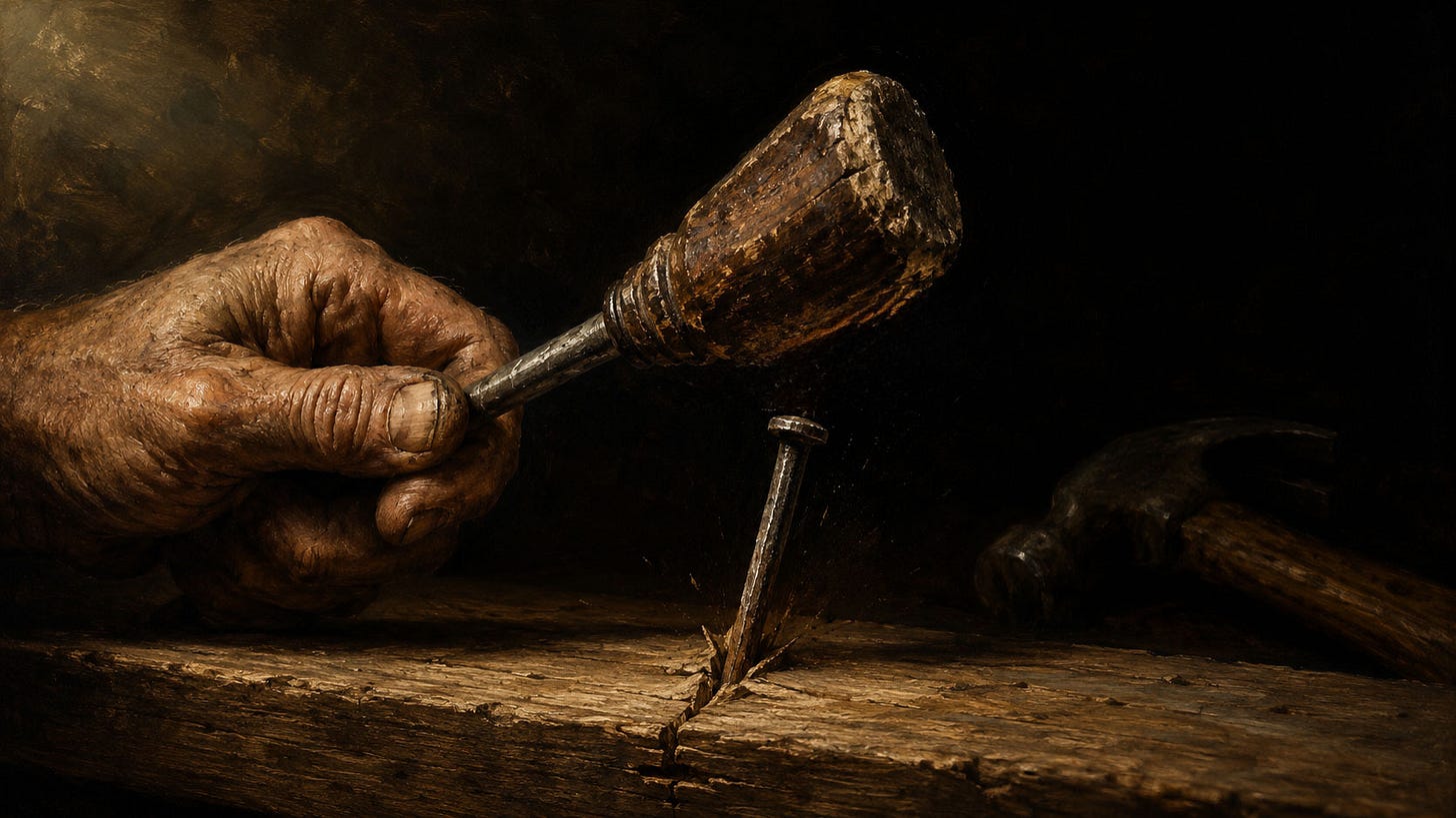 A weathered hand grips the metal shaft of an old screwdriver, using its chipped wooden handle like a hammer to strike a crooked nail into a rough plank. The wood is beginning to split, while a proper claw hammer sits unused in the shadows nearby.